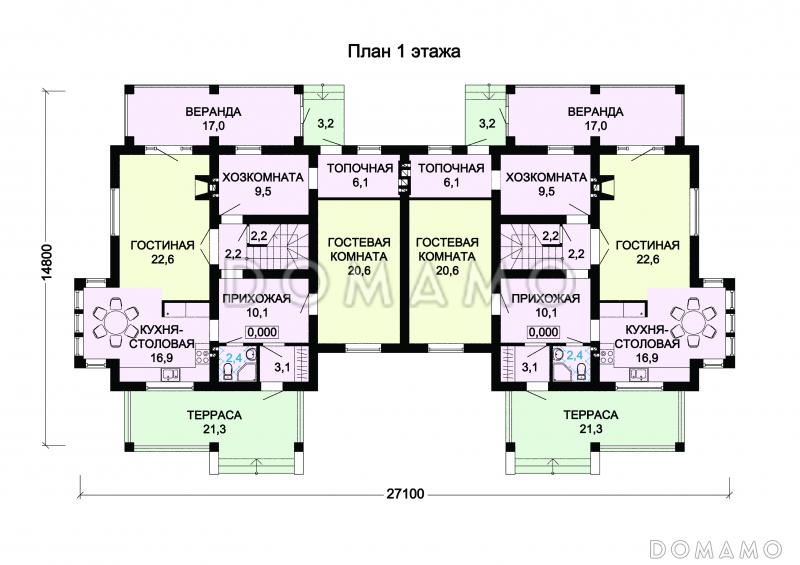 Проект двухэтажного дома на два хозяина с верандой и отдельным входом для каждой семьи / План 1 этажа