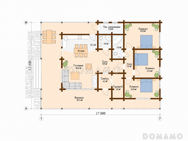 Проект одноэтажного дома из клееного бруса с огромной террасой / План 1 этажа