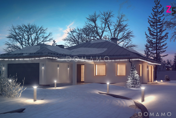 Проект одноэтажного дома из газобетона с окнами до пола в дневной и ночной зоне и с большим гаражом и техническим помещением