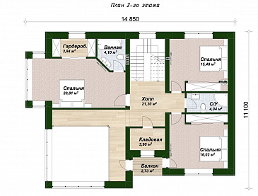 Проект двухэтажного дома с 3 спальнями, крытой террасой и панорамными окнами / План 2 этажа