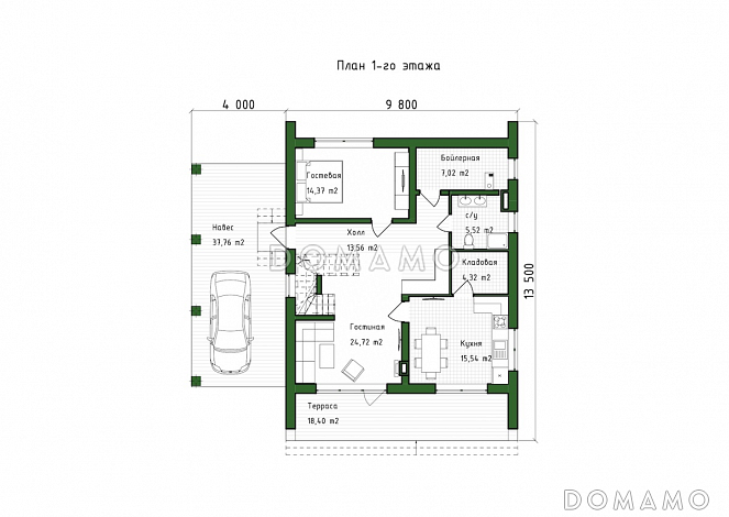 Проект двухэтажного дома в стиле барнхаус с 4 спальнями, вторым светом, крытой террасой и автонавесом / План 1 этажа