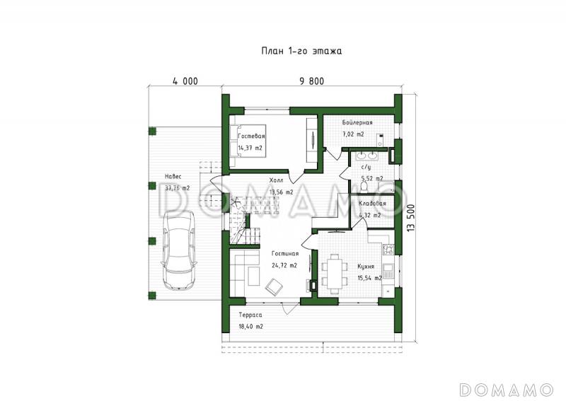 Проект двухэтажного дома в стиле барнхаус с 4 спальнями, вторым светом, крытой террасой и автонавесом / План 1 этажа