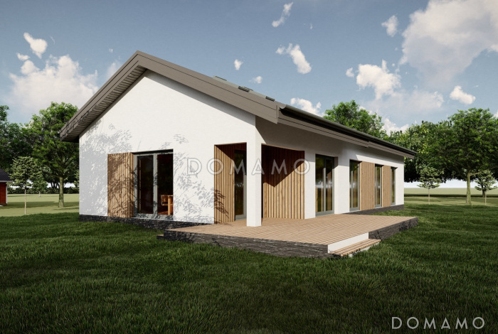 Проект дома с 3 спальнями, сауной и печью в кухне-гостиной