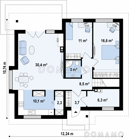 Проект мансардного дома из газобетона с двумя спальнями на первом этаже и двумя на мансарде / План 1 этажа