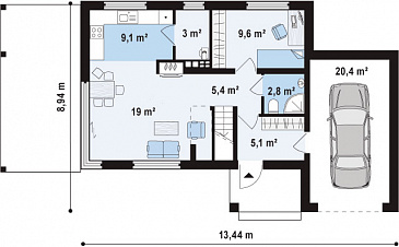 Проект современного двухэтажного дома из газобетона с плоской крышей с кабинетом, гаражом и крытыми террасами на обоих уровнях / План 1 этажа