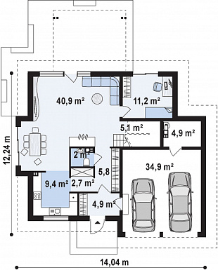 Проект классического одноэтажного мансардного дома из газобетона с дополнительными спальнями на первом этаже и мансардном, с тремя балконами и гаражом на два автомобиля / План 1 этажа