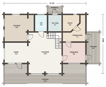 Проект деревянного дома из клееного бруса с просторной, светлой гостиной и техническим помещением с отдельным входом / План 1 этажа