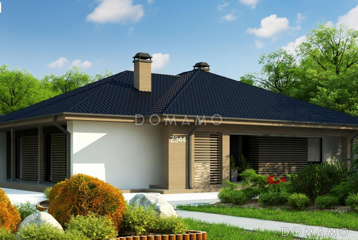 Проект стильного одноэтажного дома из газобетона с тремя спальнями и уютной террасой 