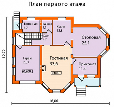 Проект кирпичного дома с большими, выразительными эркерами / План 1 этажа