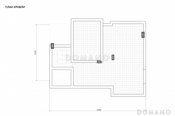 Проект современного дома с цокольным этажом, плоской кровлей, террасой с барбекю / План кровли