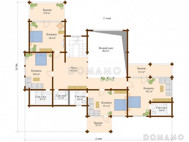 Проект двухэтажного дома из клееного бруса с панорамным остеклением / План 2 этажа