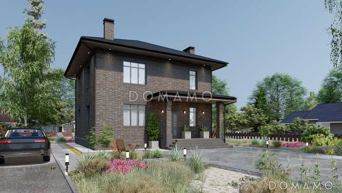 Проект компактного двухэтажного дома с террасой, гостиной и 4 спальнями