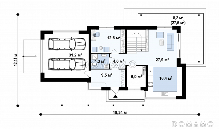 Проект современного загородного дома с гаражом на 2 автомобиля, террасой, большой кухней, кабинетом / План 1 этажа