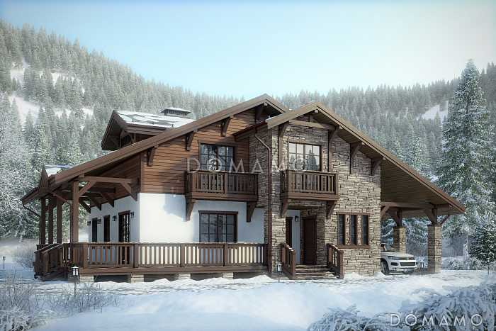 Проект каркасного горного шале с балюстрадой и навесом