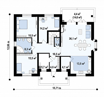 Проект загородного дома с кладовой в кухне, эркером, террасой, балконом / План 1 этажа