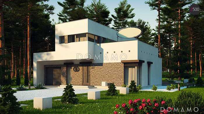 Проект компактного современного двухэтажного дома из газобетона в стиле модерн, с террасой на втором уровне и с гаражом