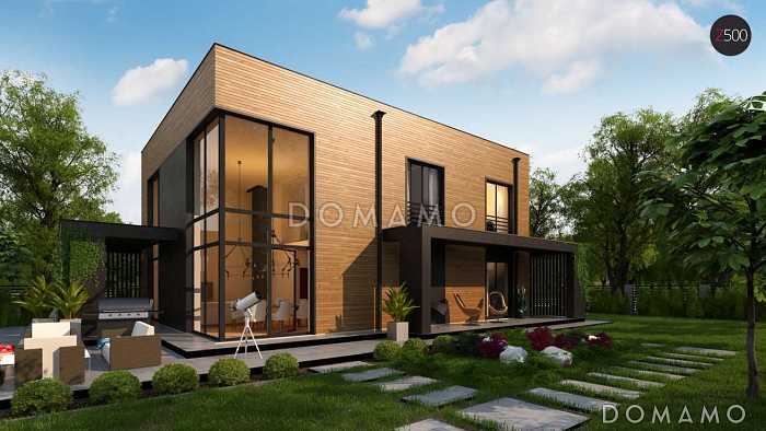 Проект современного двухэтажного дома из газобетона с плоской крышей, четырьмя комнатами, вторым светом и гаражом