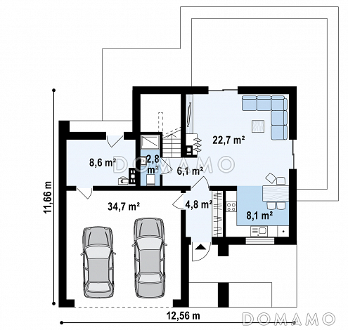 Проект двухэтажного дома из кирпича с плоской крышей, со спальной зоной и террасой на втором этаже и гаражом / План 1 этажа