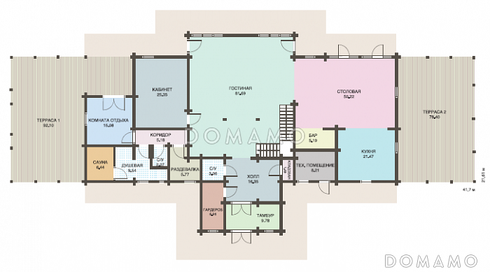 Проект дома из клееного бруса с двумя огромными террасами / План 1 этажа