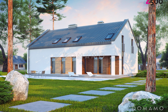 Проект просторного современного одноэтажного мансардного дома из газобетона с большой кухней-столовой, четырьмя комнатами и гаражом 