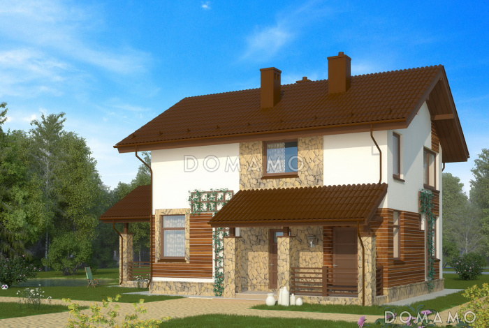 Проект функционального двухэтажного дома с террасой при гостиной