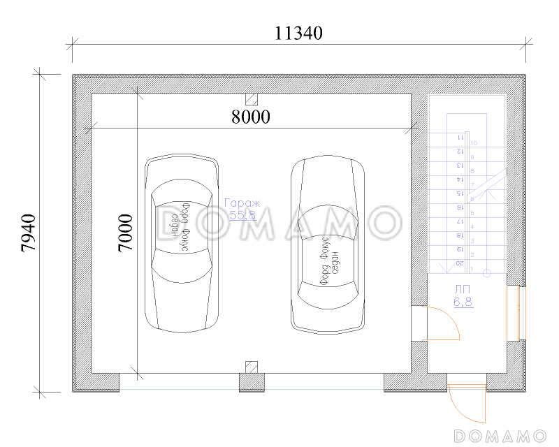Проект гаража на 2 машины с мансардой / План 1 этажа