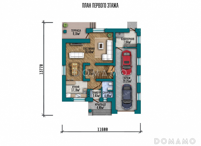 Проект одноэтажного дома с мансардой и гаражом на два автомобиля / План 1 этажа