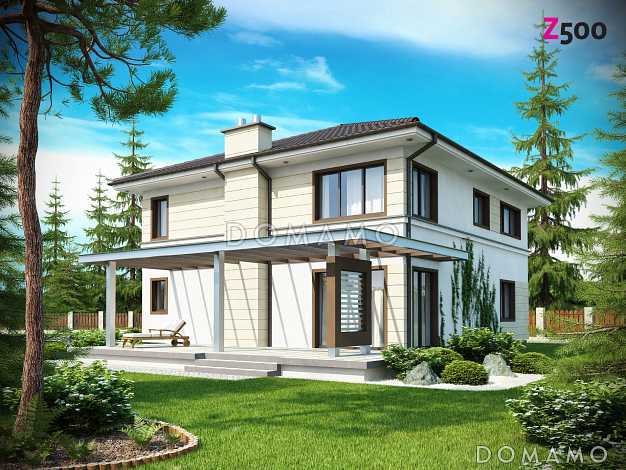 Проект просторного современного двухэтажного дома из кирпича, с четырьмя комнатами, гаражом и вторым светом над гостиной