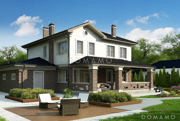 Проект загородного дома с круглым окном, гаражом, просторной дневной зоной,  спальней и комнатой отдыха на первом этаже