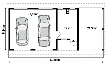 Проект гаража из кирпича для двух авто с отдельными воротами, техническим помещением и навесом / План 1 этажа