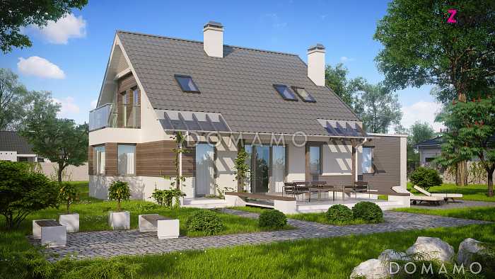 Проект одноэтажного мансардного дома из кирпича с гаражом и террасой над ним и с эркером в кухонной зоне