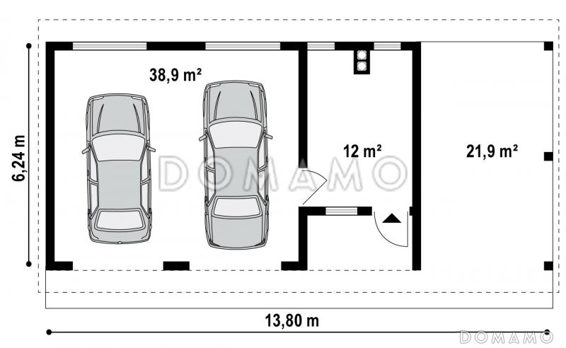 Проект гаража из кирпича для двух авто с отдельными воротами, техническим помещением и навесом / План 1 этажа