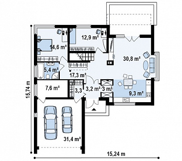 Проект просторного современного мансардного дома из газобетона с пятью комнатами, эркером и террасой над гаражом / План 1 этажа