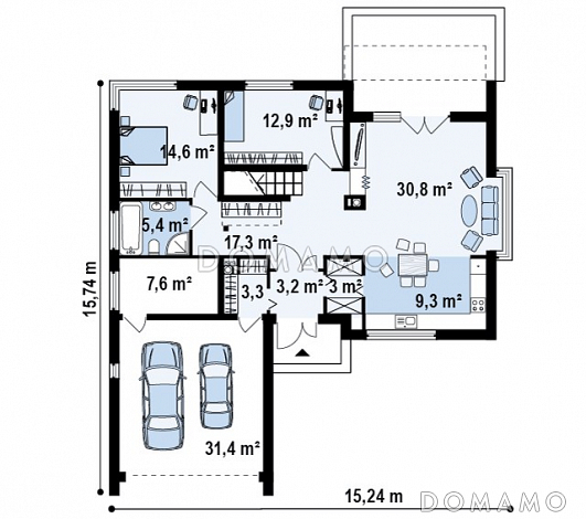 Проект просторного современного мансардного дома из газобетона с пятью комнатами, эркером и террасой над гаражом / План 1 этажа