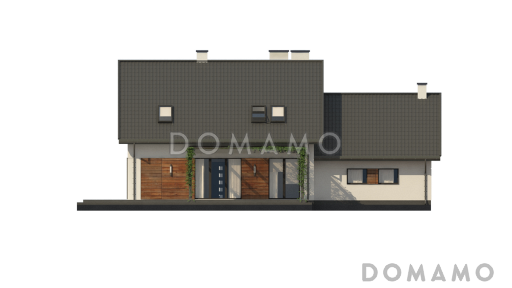 Проект комфортного одноэтажного мансардного дома из газобетона с кабинетом, гаражом и тремя спальнями / Фасад 3