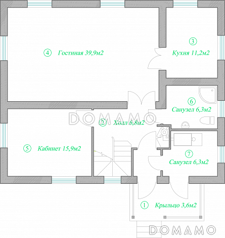Проект увеличенного коттеджа в европейском стиле. / План 1 этажа