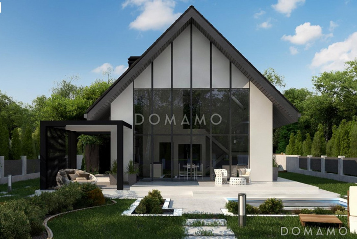 Проект одноэтажного мансардного дома из газобетона со вторым светом и панорамным остеклением гостиной