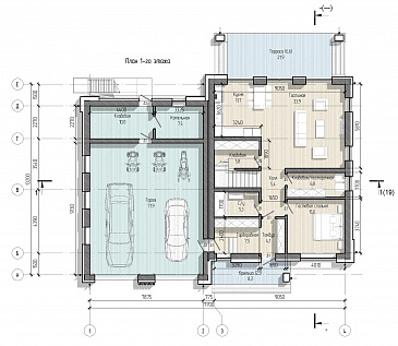 Проект дома с эксплуатируемой кровлей гаража, мастер-спальней, тремя детскими и гостевой / План 1 этажа