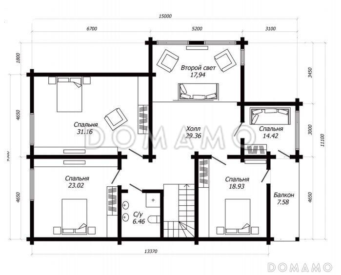 Проект дома из клееного бруса с тремя террасами / План мансардного этажа