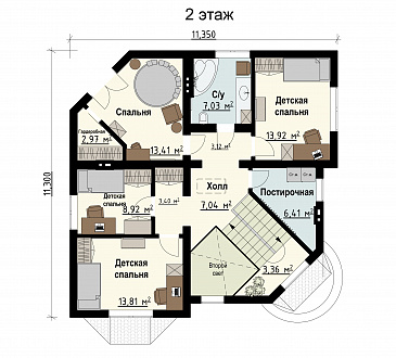Проект загородного дома с эркером в гостиной, вторым светом, постирочной, детскими комнатами / План мансардного этажа