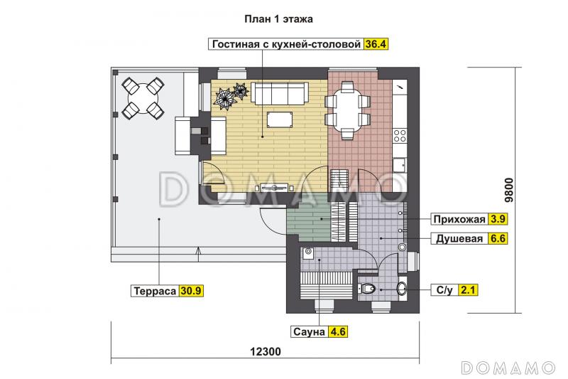 Проект дома с просторной крытой террасой с барбекю, гостиной с кухней-столовой, сауной и душевой, вторым светом и спальней на мансарде / План 1 этажа
