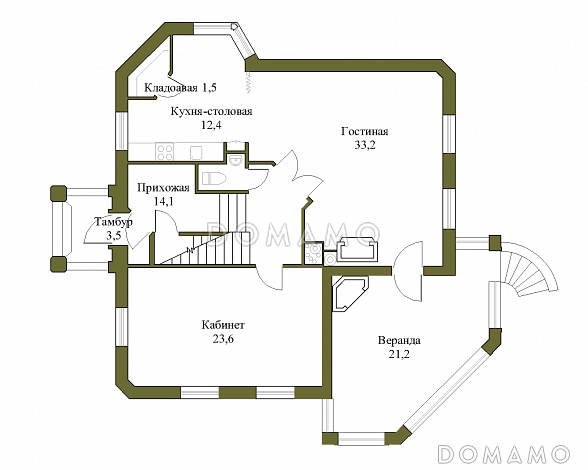 Проект коттеджа с подвалом и зимним садом из кирпича / План 1 этажа