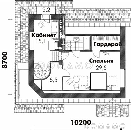 Проект трехэтажного дома из пеноблоков с просторной гостиной, балконом и кабинетом на третьем этаже / План мансардного этажа