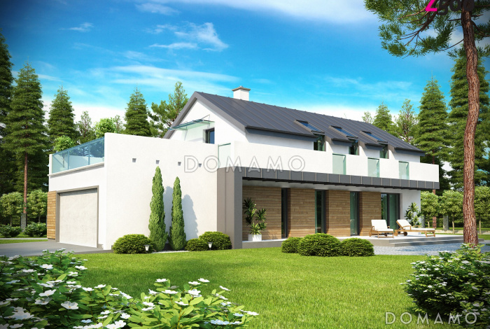 Проект двухэтажного дома из газобетона с двухскатной крышей с четырьмя комнатами, гаражом и открытой террасой над ним