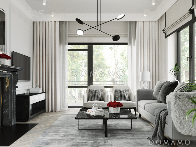 Проект дома с эркером в кухне, террасой, гостевой комнатой на первом этаже