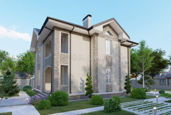 Проект двухэтажного дома с эркерной гостиной, камином и крытой террасой