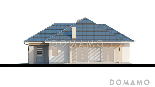 Проект одноэтажного дома из газобетона со свободной планировкой на мансардном этаже и гаражом для одного автомобиля / Фасад 2