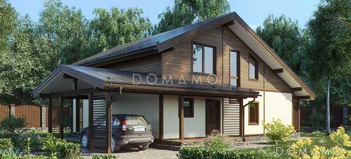 Проект дома в стиле шале с сауной и навесом для автомашины