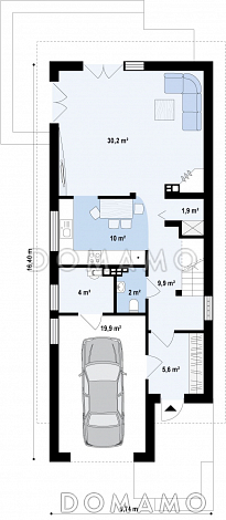 Проект одноэтажного мансардного дома из кирпича с гаражом для узкого участка / План 1 этажа