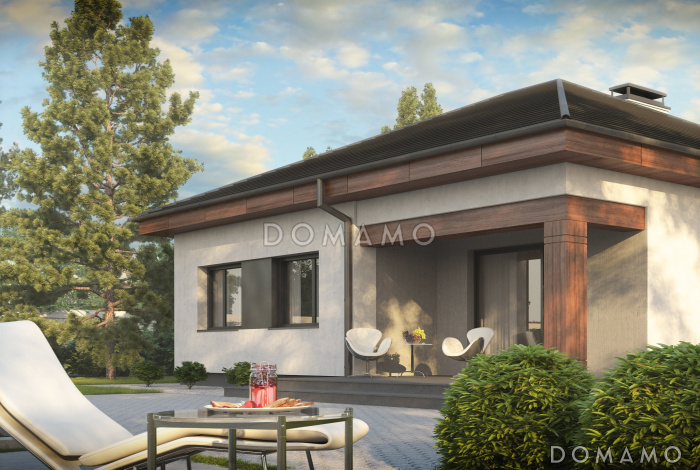 Проект одноэтажного дома из кирпича с тремя спальнями и небольшой крытой угловой террасой